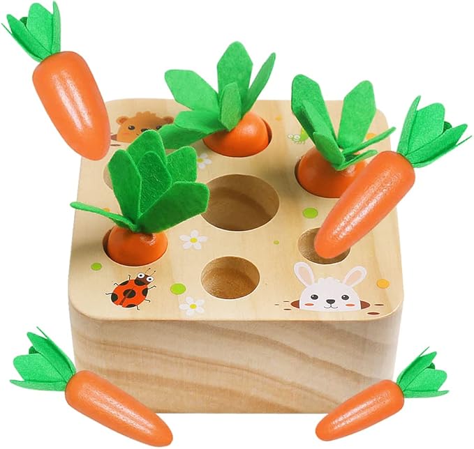Skrtuan Montessori Toys for Babies 36 Months, Wooden Toys for 3 4 5 Year Old Toddlers, Educational Carrot Harvest Shape Sorting Matching Puzzle, Developmental Birthday Gifts for Boys and Girls