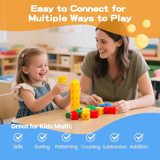 Set of 200 Kids Linking Cubes for Math, STEM Connecting Cubes Math Manipulatives Kids Counting Blocks for Classroom Learning Supplies for Preschool and Elementary Children