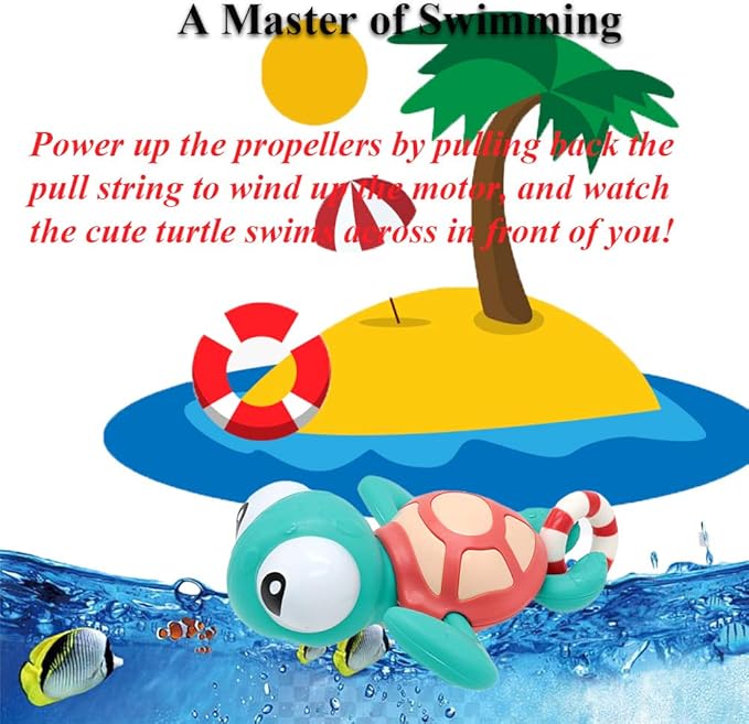 Pull String Baby Bath Toy Pull & Go Turtle Cute Swimming Turtle Windup Clockwork Bathtub Toy for Toddlers