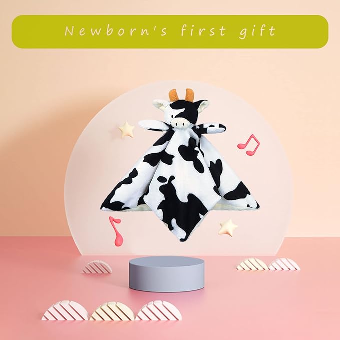 Baby Cow Soft Stuffed Animal Security Blanket, Plush Cow Character Lovey Blanket, Baby Shower/Nursery Gift, Newborn Infant Toddler Snuggle Blankie for Boys Girls, Orange Horns, 13 Inches