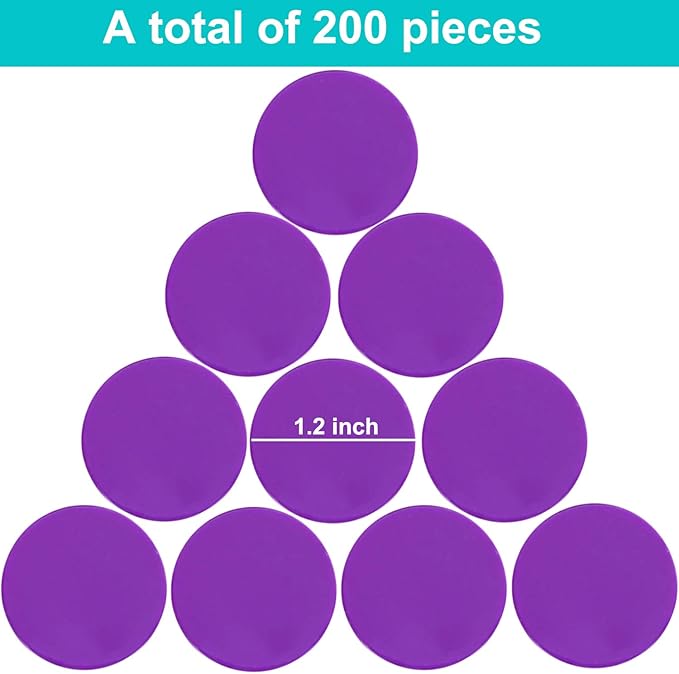 Coopay 1-1/5 inch Plastic Learning Counters Disks Bingo Chip Counting Discs Markers for Math Practice and Poker Chips Game Tokens, 200 Pieces(Purple)