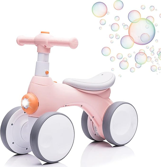 Baby Balance Bike 1 Year Old with Music, Lights, Bubble Machine, 4 Wheels Pedal-Less Toddler Ride on Toys for 12-36 Months Birthday Gift, Toddler boy Toys Ride on car (Pink&Yellow)