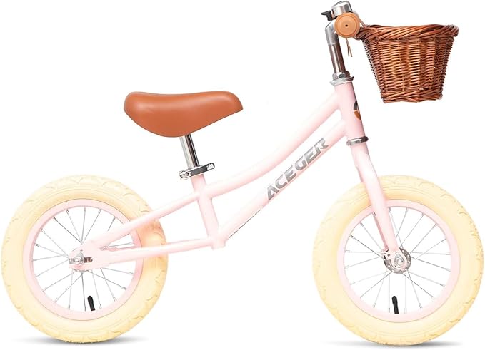 ACEGER 12" Kids Balance Bike with Basket, Toddler Bicycle for Early Learning Leg Strength and Steady Balancing, Durable Frame&Tool-Free Adjustable Seat, Gift Bike for 2-5 Kids, No Brake