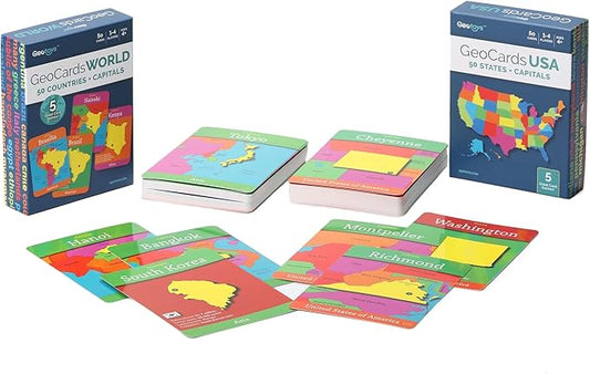 Geotoys GeoCards, Bundle of World & USA Flash Cards Geography Game, Kid Card Games for Families, Home, School & Travel - Fun Kid Games Ages 4 and Up