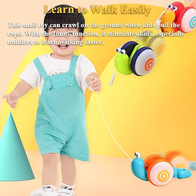 Pull String Crawling Snail, Funny Wriggly Snail Toddlers Walking-Learning Toy Pull and Push Baby Toy with Music and Lights Effect (Blue-Orange)