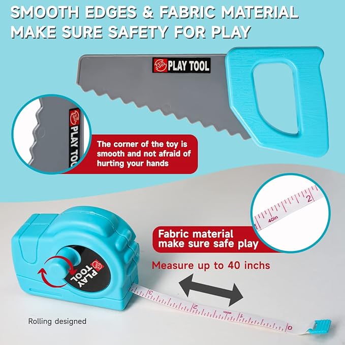 LOYO Kids Tool Set - 50 PCS Pretend Play Toy Box with Construction Vest and Electronic Drill Set for Toddlers Boys Ages 3-7 Years Old Christmas Birthday Gift (Blue)