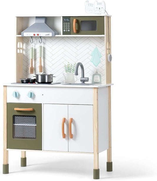 ROBOTIME Wooden Play Kitchen for Kids, Toys Kitchen with Light & Sound & Range Hood, Kids Kitchen Playset with Plenty of Play Features, Pretend Play Kitchen Set for Girls Boys Ages 3+