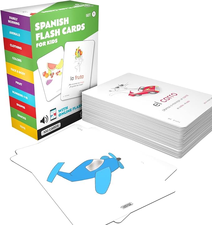 Spanish Flash Cards for Kids: 100 First Spanish Words with Online Audio - Learn Colors, Shapes, Numbers 1-10, Animals and More Beginner, Everyday Words - 100 Cards