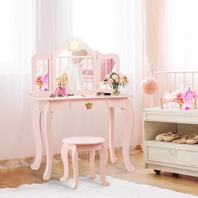 HONEY JOY Kids Vanity, Crown Themed Toddler Dressing Makeup Table and Chair Set w/Drawer & Tri-Folding Mirror, Detachable Mirror, Princess Pretend Play Girls Vanity Set with Mirror and Stool(Pink)