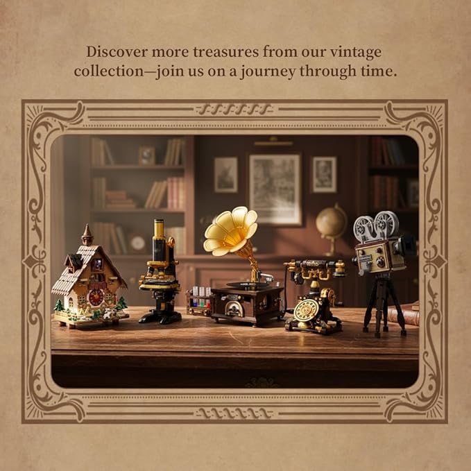 PANTASY Retro Microscope Building Kit for Adults, Antique Science Instrument Model with Mechanical Design, Brass Finish & Lab Accessories, Collectible Display Brick Set