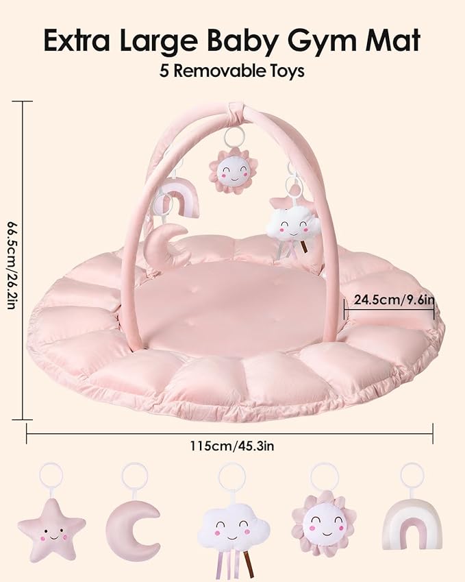 5-in-1 Convertible Baby Gym Play Mat with Hanging Toys, Soft Padded Baby Lounger & Ball Pit, Plush Tummy Time Mat for Newborns to Toddlers, Machine Washable, Pink