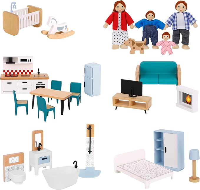 OOOK Wooden Dollhouse Furniture Set for Kids, 26 Pcs Dollhouse Accessories with 4 Family Dolls and Dog, Miniature Doll House Furniture Toys Pretend Play Set for G irls Boys Age 3+