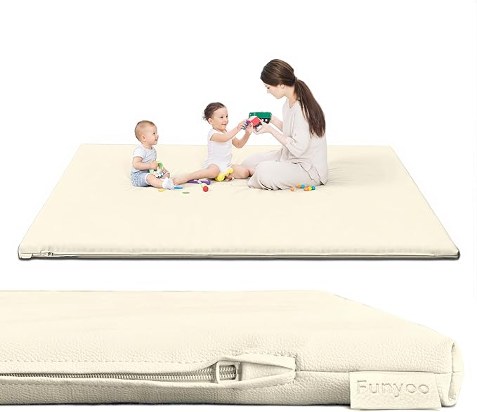 Padded 79" ×59" Large Baby Play Mat for Floor, 1.2" Thick Memory Foam Playmat with Soft Vegan Leather Cover, Cushioned Play Mat for 79" x59" Playpens, Beige