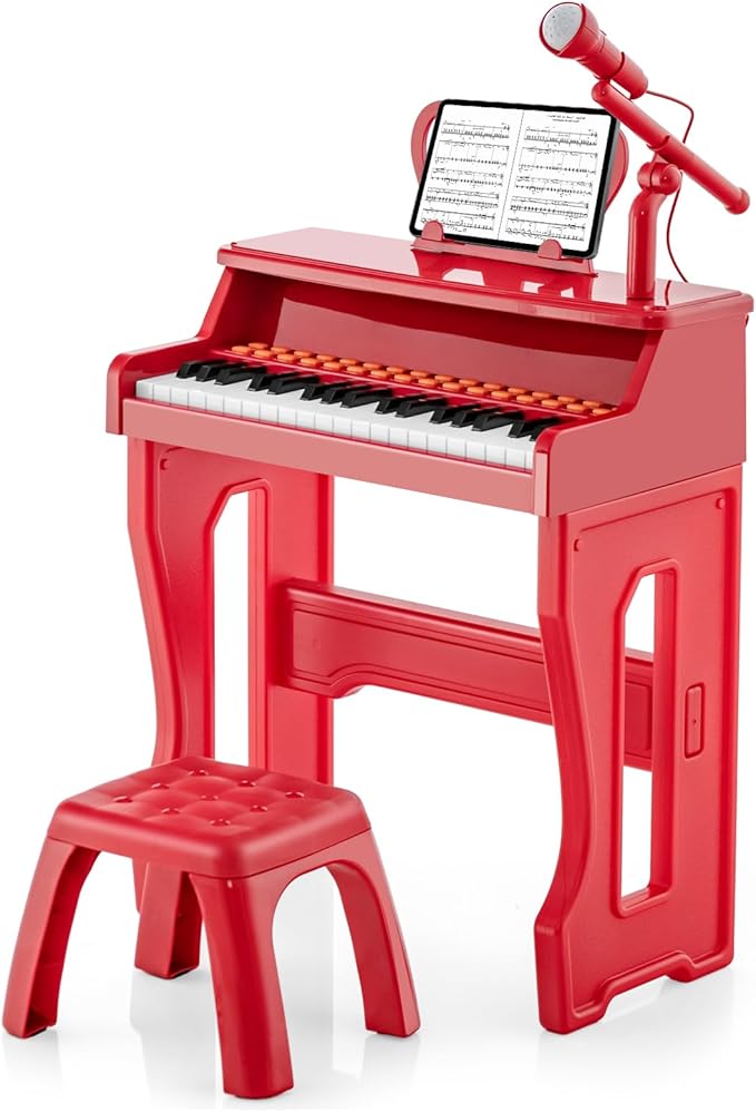 HONEY JOY Kids Piano, 37-Key Red Kids Keyboard Piano w/ Music Stand & Bench, Gift for Babies w/ Microphone, Portable Electronic Educational Musical Instrument, Toddler Piano for Girls Boys