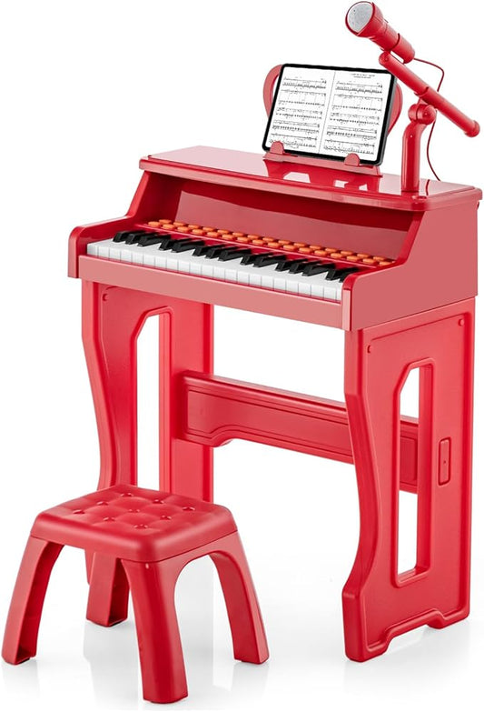 HONEY JOY Kids Piano, 37-Key Red Kids Keyboard Piano w/ Music Stand & Bench, Gift for Babies w/ Microphone, Portable Electronic Educational Musical Instrument, Toddler Piano for Girls Boys