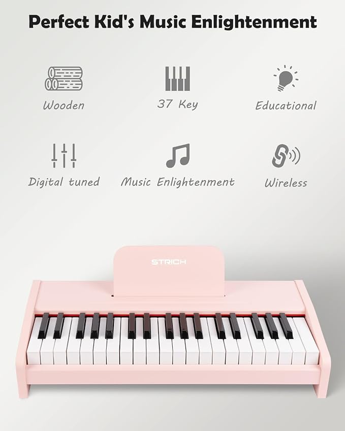 STRICH 37 Keys Kids Piano Keyboard, Mini Digital Piano for Kids, Volume Adjustable, Music Book, Wood Piano for 3+ Girls and Boys, Pink Color, SEK-37