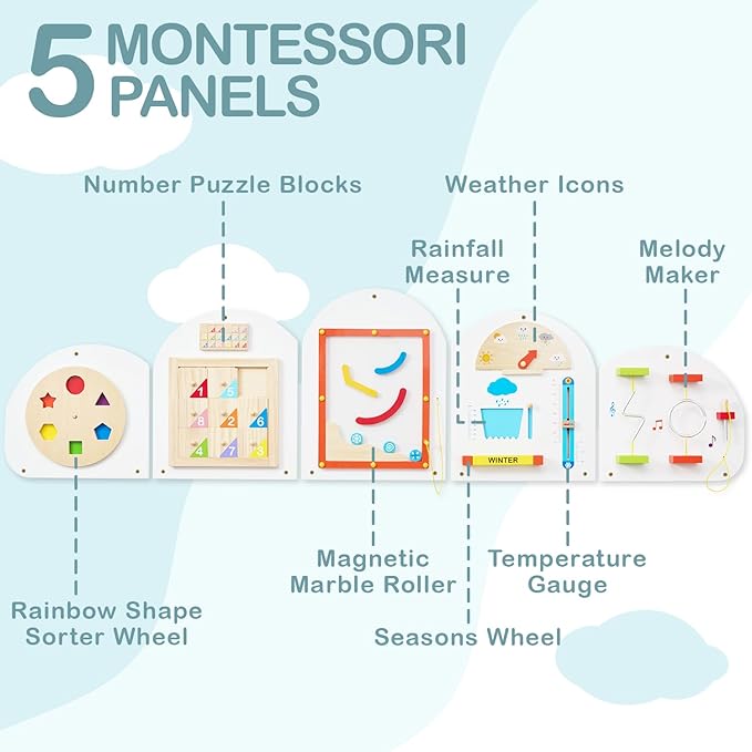 Monläurd® Cloud Montessori Busy Board, Sensory Board, Wooden Toys, Wall Toys, Boys and Girls 6M+