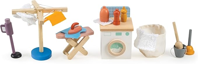 Mentari Toys - Laundry Set - Wooden Dollhouse Playset with Washing Machine, Ironing Board, Dryer, and Cleaning Tools - Encourages Imagination, Fine Motor Skills and Everyday Routine Learning - Age 3+