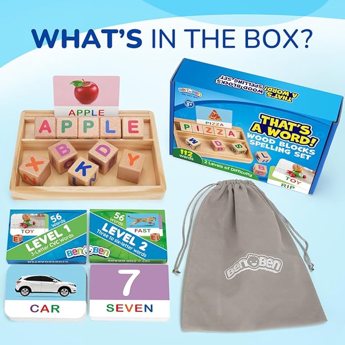 BenBen Spelling Games with Flash Cards, 112 Words, Montessori Toys for 3 4 5 6 Years Old Kids, Wooden Matching Letters Games, CVC Word Educational Learning Toys, Gift for Preschool Kindergarten