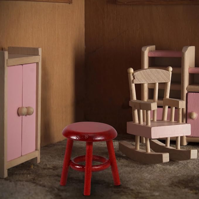 Totority Miniature Wooden Stool for Dollhouse Decor Tiny Furniture for Living Room Bedroom Study Retro Doll House Accessory