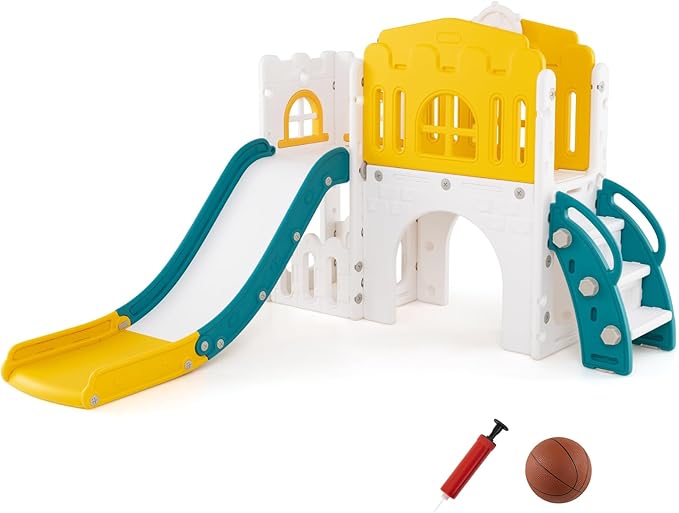 Costzon 9 in 1 Toddler Slide, Kids Slide and Climber Playset with Basketball Hoop, Telescope, Steering Wheel, Aisle, Tunnel & Storage Space, Baby Indoor Playground for Kids Aged 1+