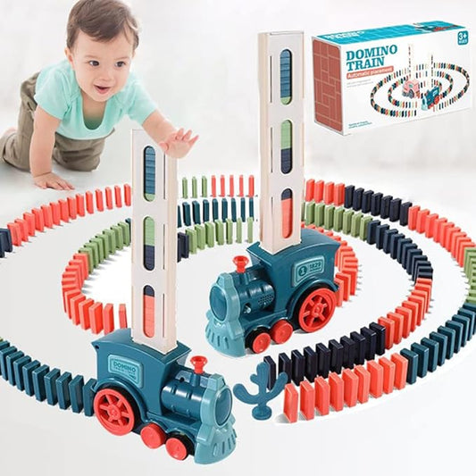soputry Domino Toy Train Blocks Set, Automatic Domino Stacking Toy Creative Domino Rally Electric Train Set, Upgrade 4 Color Domino Toy Train for 3-12 Year Old Boys and Girls (100 Dominoes)