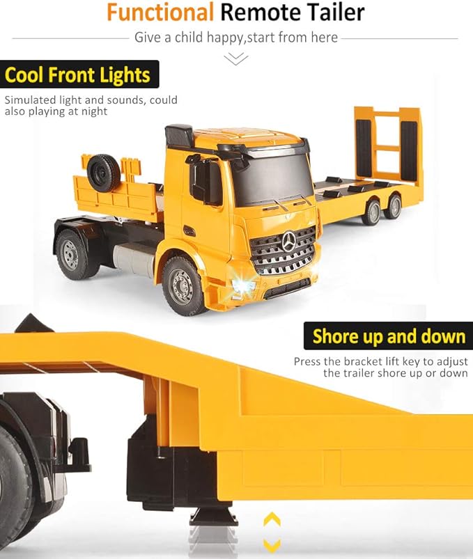 DOUBLE E Benz Authorized Remote Control Semi Truck with 2 Batteries 2.4Ghz Trailer RC Flatbed Trailer Crane Tractor, Electronics Construction Vehicles Toy with Sound and Lights