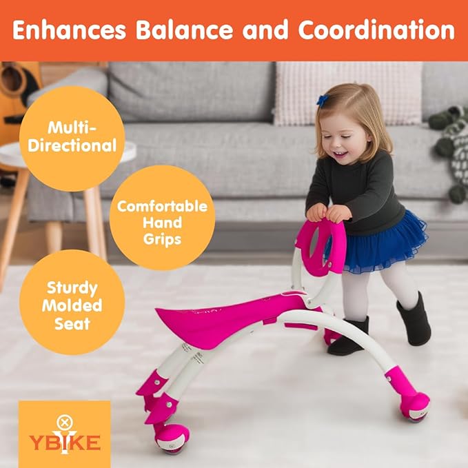 YBIKE Pewi Balance Bike Toddler Toys - Walking Ride On Toys, Toddler Push Car, Kids Bike for Ages 9 Months to 3 Yrs, Durable Push Toy, Comfortable, Indoor & Outdoor, Up to 44 Lbs, Raspberry