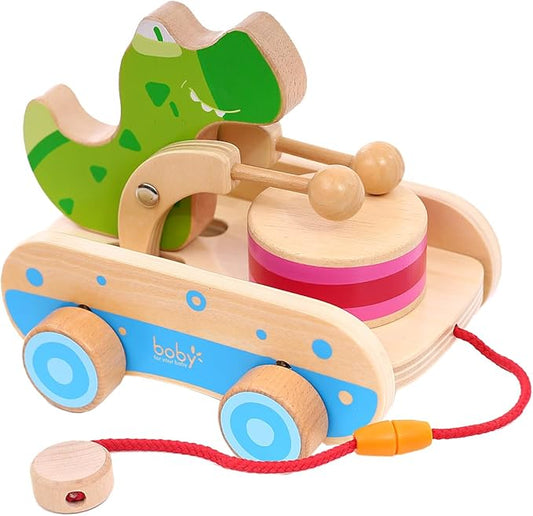 Baby Gift Wooden Toddler Pull Toy, Crocodile Drum Tapping Children's Toy, Baby dragging and Learning to Walk, Rope Traction Rope Crawling for Toddlers Ages 1+