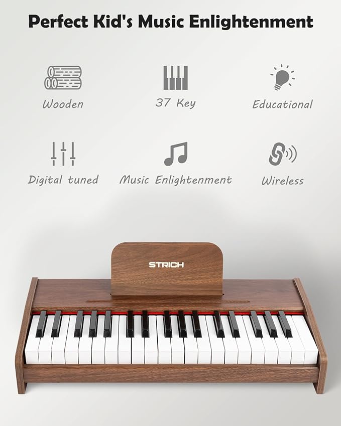 STRICH 37 Keys Kids Piano Keyboard, Mini Digital Piano for Kids, Volume Adjustable, Music Book, Wood Piano for 3+ Girls and Boys, Walnut Color, SEK-37