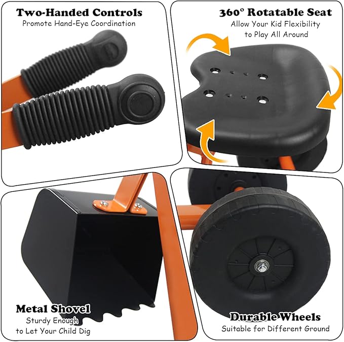 Costzon Kids Ride on Digger, Heavy Duty Steel Digging Scooper Excavator Crane with 360° Rotating Seat, 4 Thickened Wheels, Outdoor Beach Sandbox Toy for Sand, Dirt, Snow, Sit on Digger for Boys Girls