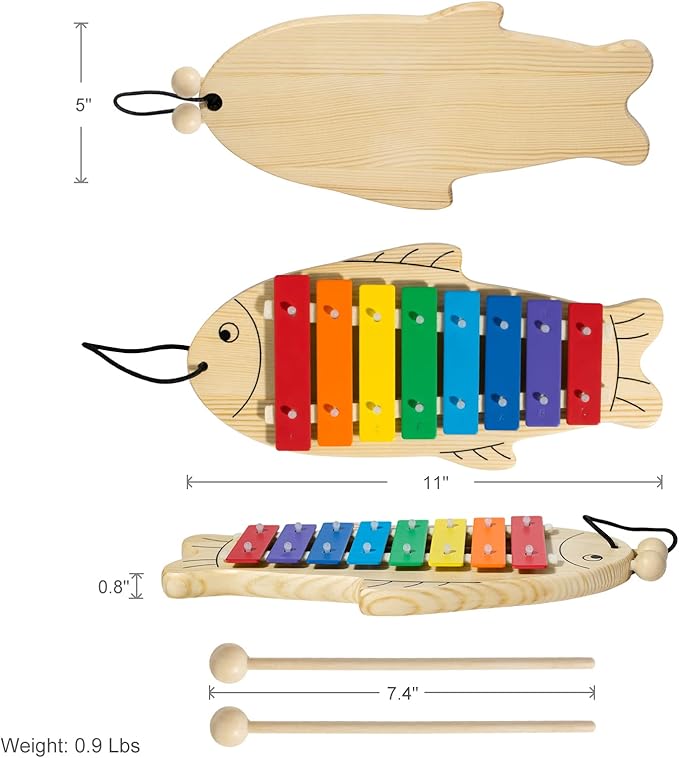 MUSICUBE Xylophone for Baby Toddler Fish Shape Wooden Xylophone with 2 Mallets Educational & Preschool Learning Percussion Instrument Professional Tuning Musical Toys for Kids Aged 3+