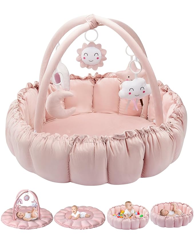 5-in-1 Convertible Baby Gym Play Mat with Hanging Toys, Soft Padded Baby Lounger & Ball Pit, Plush Tummy Time Mat for Newborns to Toddlers, Machine Washable, Pink