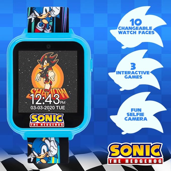 Sonic the Hedgehog Kids Smart Watch - Interactive Touchscreen with Games, Selfie Camera, Step Tracker, Alarm, and Printed Silicone Strap - Fits Wrists 5.5" to 8.0"