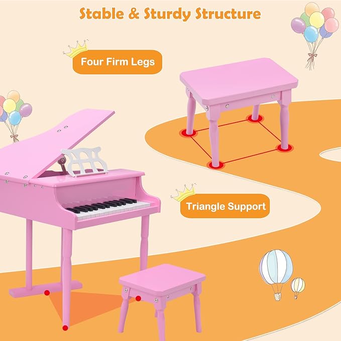 30-Key Kids Piano Keyboard, Mini Grand Piano for 3 Years+, Toddler Musical Instrument with Stool & Removable Music Stand, Wooden Baby Music Toys Gifts for Beginners, Girls & Boys
