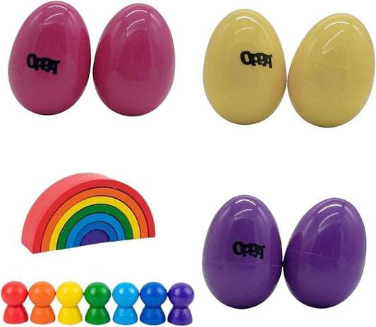 OPPA Colorful Plastic Egg Shakers 6 PCS and Rainbow Stacking Toy, Hand Percussion Musical Shaker, Wooden Rainbow Stacker Nesting Blocks, Educational Toy for Toddlers Baby Preschool Kids