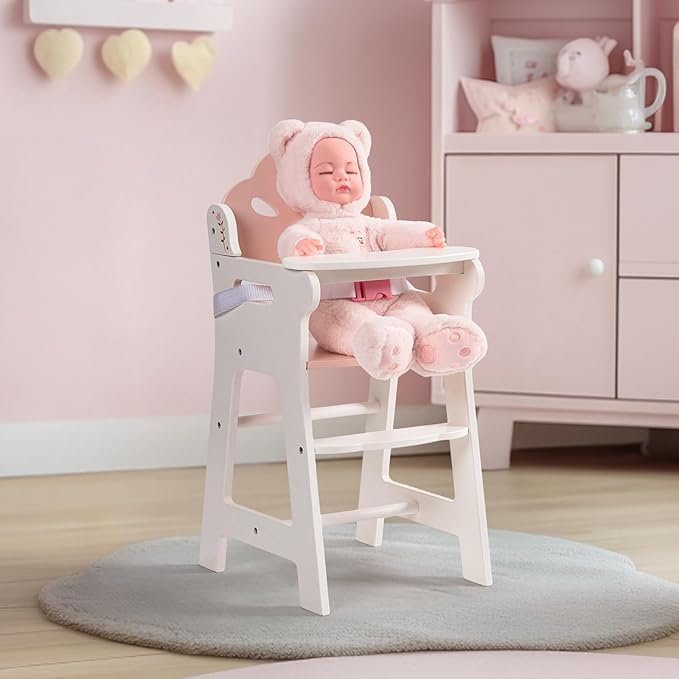 ROBOTIME Baby Doll High Chair, Pretend Play High Chair with Safety Belt and Footrest, Wooden Baby Doll Accessories, Doll Furniture Fits 18-20 Inch Dolls, Gift for Ages 3+ (White)