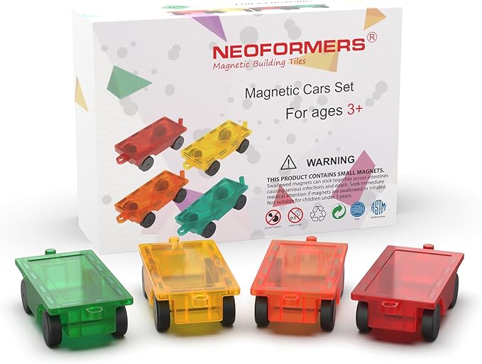 Magnetic Tiles Car Building Kit for Toddlers, 4 PCS Magnet Construction Trucks, STEM Toys for 3-8 Year Old Boys Girls, Educational Vehicle Engineering Set