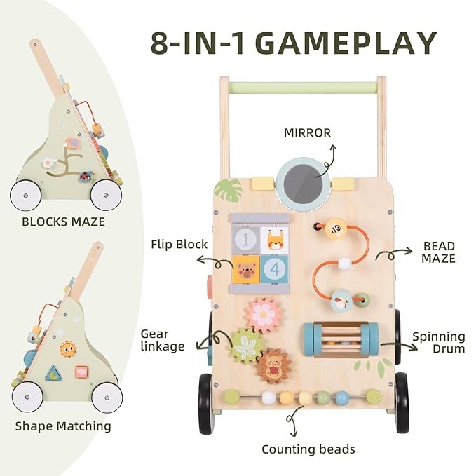 OOOK Wooden Baby Walker with Wheels, Montessori Baby Push Walker, Sit to Stand Walker for Baby Boy 6-12 Months, Toddler Standing Activity Center for Boys and Girls
