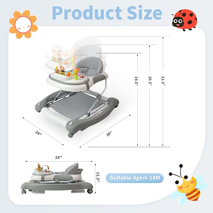 5 in 1 Baby Walker, Music and Lights Walker for Baby Boy Girls 6-12 Months, Foldable Baby Walkers with Wheels and Bouncer Combo Portable, Toddler Infant Walker with Adjustable Height