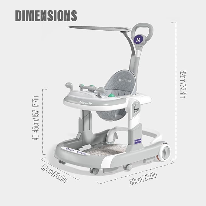 3-in-1 Foldable Baby Walker: Music Car-Themed Activity Center, Walker with Wheels, Walker and Bouncer Combo with Foot Mat, Anti-Tip and Sheds Design for Infant Boys & Girls 6-18 Months (Grey)