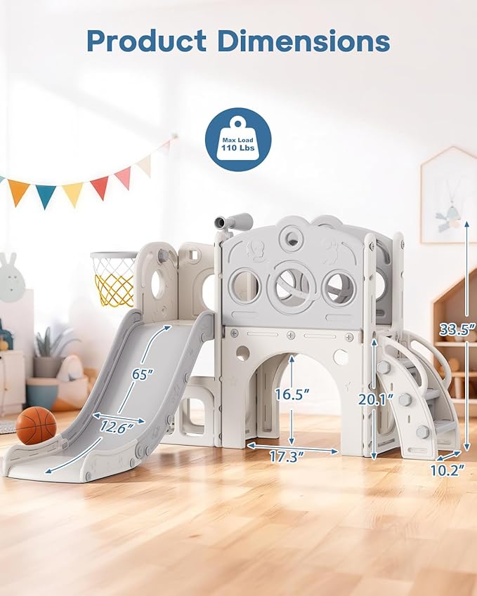 Babytronic Toddler Slide, 8 in 1 Kids Slide with Basketball Hoop, Telescope and Climber, Baby Slide Toddler Playground, Indoor Outdoor Playset for Toddlers Age 1-3, Kids Indoor Playground (White&Gray)
