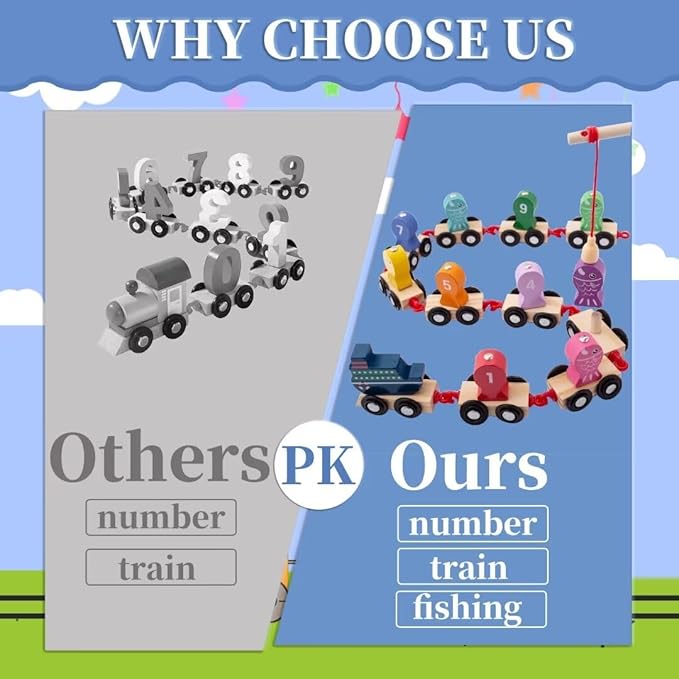 Magnetic Fishing Game for Kids, Wooden Train Set with Numbers Montessori Counting Toys, Preschool Math Learning Educational Game Birthday Gift Fine Motor Skill Toy for Toddlers