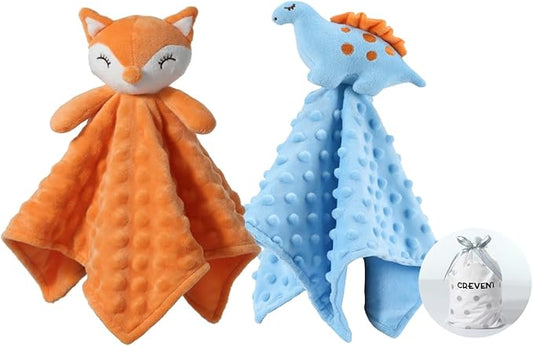 CREVENT Cozy Plush Baby Security Blanket, Loveys for Baby Girls and Boys, Birthday (Fox + Dinosaur)