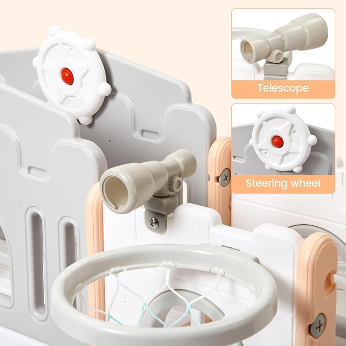 8 in 1 Toddler Slide Playset, Toddler Indoor Playground for Kids 1-3, Baby Outdoor Indoor Playset with Slide, Climber, Tunnel, Basketball Hoop, Toy Storage and Telescope for Toddlers Age 1-3