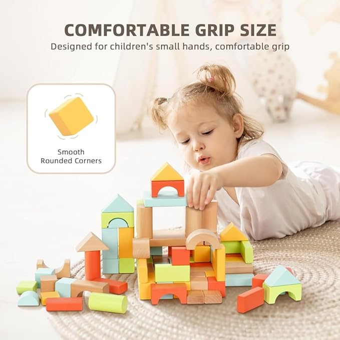 Pidoko Kids 100pcs Building Blocks for Toddlers 1-3, Wooden Blocks for Kids with Storage Bucket and Shape Sorter Lid Montessori Toys for 1 2 3 Year Old, Learning Toys for Preschool Girls and Boys