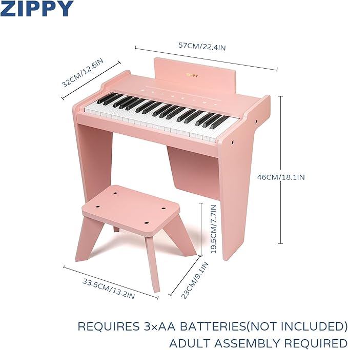ZIPPY Kids Piano Keyboard, 37 Keys Digital Piano for Kids, Touch Sensitive Control Panel, Built-in Songs, Volume Adjustable, Music Educational Instrument, Wood Piano for 3+ Girls and Boys (Pink Plus)