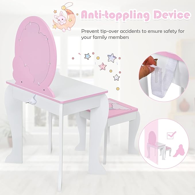 HONEY JOY Unicorn Kids Vanity, Toddler Makeup Table with Mirror and Stool, Wooden Pretend Play Vanity for Little Girls, Detachable Mirror and Storage Drawer, Kids Vanity Table and Chair Set (White)