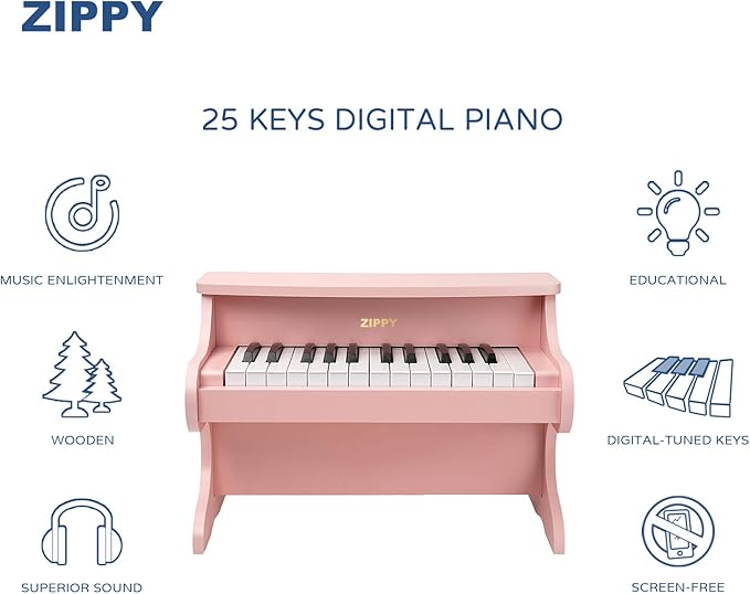 ZIPPY Kids Piano Keyboard, 25 Keys Digital Piano for Kids, Mini Music Educational Instrument Toy, Wood Toy for Toddlers Girls Boys (Pink)