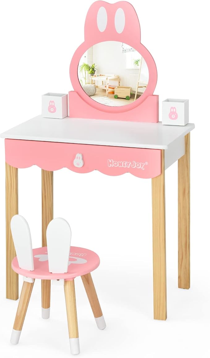 HONEY JOY Kids Vanity, Rabbit Themed Wooden Pretend Play Vanity Set, Toddler Makeup Vanity Table & Chair Set, Removable Holders & Drawer, Princess Little Girls Vanity Set with Mirror and Stool(White)